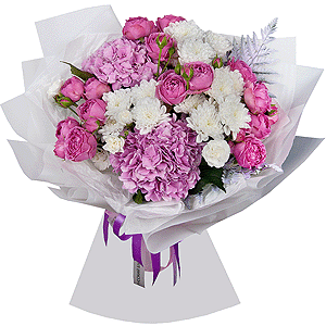 Blue/purple hydrangea - 2, Peony sprayrose - 4, White spray carnation - 9, Baltica White Spray Chrysanthemum - 5, Fern (1 pc.), Wrapping Paper