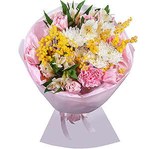 Baltica White Spray Chrysanthemum - 1, Alstromeria white, soft pink - 4, Pink carnation - 3, Pink tulip - 7, Mimosa - 1, Wrapping Paper