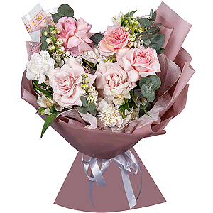 Rose Cream 50 cm - 2, Peony rose pink 'OHara' - 3, White Matthiola - 3, Alstromeria white, soft pink - 4, Carnation white, cream - 7, Baltica White Spray Chrysanthemum - 1, Ozotamnus, Eucalyptus, Wrapping Paper
