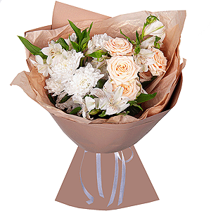 Baltica White Spray Chrysanthemum - 1, Alstromeria white, soft pink - 5, Spray rose: white, cream, light pink 50 cm - 1, Wrapping Paper
