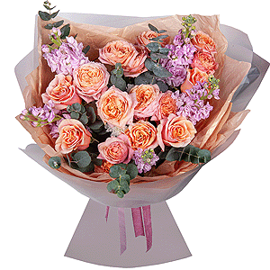 Pink-orange rose Phoenix 50 cm - 9, Spray rose: yellow, orange 50 cm - 5, Matthiola Lilac - 5, Eucalyptus, Wrapping Paper