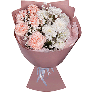 Carnation white, cream - 7, Baltica White Spray Chrysanthemum - 1, Gypsophila - 1, Wrapping Paper