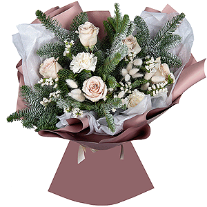 Rose Pink 50 cm Ecuador (Chelo, Hermosa, Novia, Titanik, Engagement, Pink Mondiale) - 5, Carnation white, cream - 4, Spruce branches (1pc.), Dried flowers in assortment, Wrapping Paper, White statice