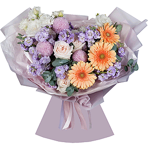 Cream gerbera - 7, Peony style roses - 3, Momoko Chrysanthemum - 3, Matthiola Lilac - 5, lisianthus - 3, Eucalyptus, Wrapping Paper
