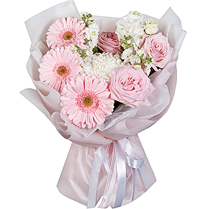 Chrysanthemum white Bigoudi - 1, Gerbera pink - 5, Peony rose pink 'OHara' - 3, White Matthiola - 2, lisianthus - 2, Wrapping Paper