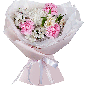 Alstromeria white, soft pink - 5, Pink carnation - 3, Chrysanthemum white Bigoudi - 1, Wrapping Paper