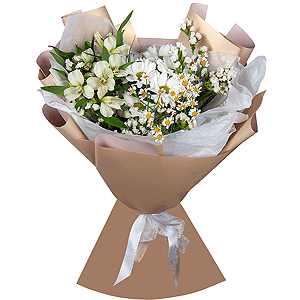 Alstromeria white, soft pink - 6, Bacardi White Spray Chrysanthemum - 1, Chamomile - 2, White statice, Wrapping Paper