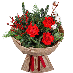 Rose Red 50 cm Ecuador - 7, Spruce branches (1pc.), Thuja, Cotton branch, Ilex, Wrapping Paper