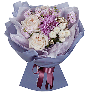 Magnum Purple Chrysanthemum - 1, Peony style roses - 7, Matthiola Lilac - 2, Newton White Spray Chrysanthemum - 1, Ozotamnus, Wrapping Paper