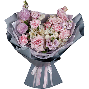 Momoko Chrysanthemum - 2, Newton White Spray Chrysanthemum - 3, Pink Lisianthus (Eustoma) - 2, Matthiola Lilac - 2, Peony sprayrose - 3, Pink carnation - 15, Alstromeria white, soft pink - 4, Peony rose pink 'OHara' - 3, Wrapping Paper