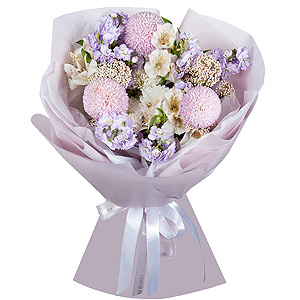 Momoko Chrysanthemum - 3, Baltica White Spray Chrysanthemum - 1, Matthiola Lilac - 3, Alstromeria white, soft pink - 10, Ozotamnus, Wrapping Paper