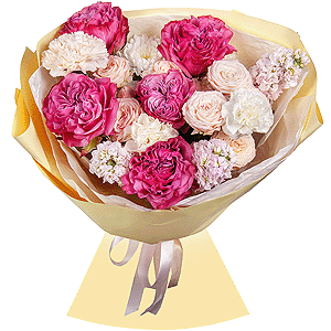 Pink rose Country Blues 50 cm - 5, Peony sprayrose - 2, Baltica White Spray Chrysanthemum - 1, Matthiola Lilac - 3, Carnation white, cream - 7, Wrapping Paper