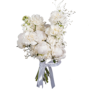 Peony white - 5, lisianthus - 3, White Matthiola - 3, Carnation white, cream - 9, Limonium (1 pc.), Ribbon, Panicum