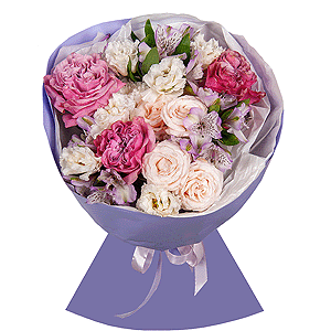 Pink rose Country Blues 50 cm - 5, Peony sprayrose - 2, Baltica White Spray Chrysanthemum - 1, Alstromeria lilac, purple - 9, lisianthus - 2, Wrapping Paper