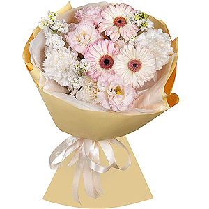 Gerbera pink - 5, Pink Lisianthus (Eustoma) - 2, Carnation white, cream - 5, Baltica White Spray Chrysanthemum - 1, White Matthiola - 3, Wrapping Paper