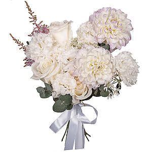 White Dahlia - 2, lisianthus - 3, White rose 50 cm Ecuador - 5, Carnation white, cream - 5, Astilbe, Ozotamnus, Eucalyptus, Ribbon