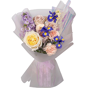 Irises - 3, Matthiola Lilac - 2, Rose Yellow 50 cm Ecuador (Mohana, Latina, Brighton) - 1, Cream Rose 50 cm Ecuador (Creme Caramel) - 3, Carnation white, cream - 5, White Matthiola - 1, Limonium (1 pc.), Pistachio, Wrapping Paper