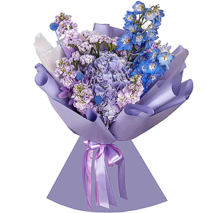 Blue/purple hydrangea - 1, Matthiola Lilac - 7, Blue Delphinium, Dried flowers in assortment, Craspedia, Blue Statice, Wrapping Paper