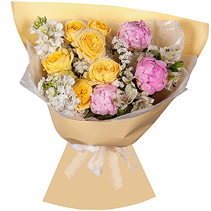 Peony pink - 3, White Matthiola - 2, Alstromeria white, soft pink - 4, Spray peony rose  - 2, Baltica White Spray Chrysanthemum - 1, White statice, Wrapping Paper