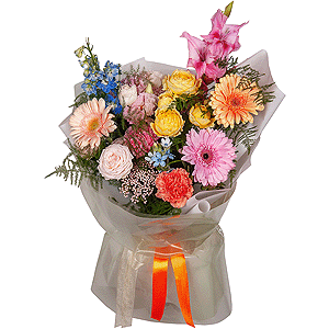Gerbera daisies - 2, Pink Gladiolus - 1, Pink carnation - 5, Peony sprayrose - 1, Spray rose: yellow, orange 50 cm - 1, Gerbera pink - 3, Pink Lisianthus (Eustoma) - 1, Cream gerbera - 2, Blue Delphinium, Asparagus setaceus (1 pc.), Wrapping Paper