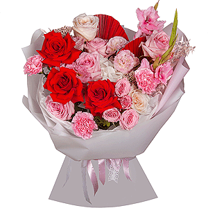 Pink Gladiolus - 2, Peony rose pink 'OHara' - 6, Red rose Nina 50 cm - 7,  White Hydrangea - 1, Pink Lisianthus (Eustoma) - 2, Bright pink spray rose mix, 50 cm - 2, Pink carnation - 11, Ozotamnus, Dried flowers decor, Wrapping Paper