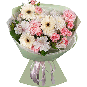 Gerbera white - 5, Pink carnation - 7, Alstromeria white, soft pink - 4, Bright pink spray rose mix, 50 cm - 3, Baltica White Spray Chrysanthemum - 1, Wrapping Paper