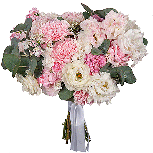 Pink carnation - 7, Pink spray carnation - 8, lisianthus - 3, Peony sprayrose - 1, Pink Lisianthus (Eustoma) - 3, Eucalyptus, Limonium (1 pc.), Ribbon