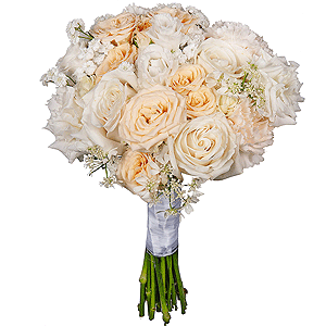 Carnation white, cream - 11, White rose 50 cm Ecuador - 5, lisianthus - 4, Gypsophila - 3, Ribbon