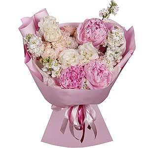 Peony pink - 3, Baltica White Spray Chrysanthemum - 5, lisianthus - 3, Peony sprayrose - 5, White Matthiola - 11, Wrapping Paper