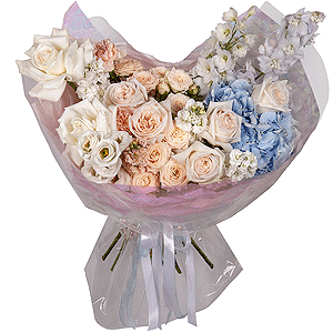 White rose 50 cm Ecuador - 2, Blue/purple hydrangea - 1, Spray peony rose  - 5, Carnation white, cream - 12, White Matthiola - 4, Baltica White Spray Chrysanthemum - 1, lisianthus - 1, Blue Delphinium, Wrapping Paper