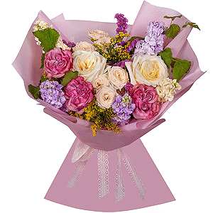 White rose 50 cm Ecuador - 7, Pink rose Country Blues 50 cm - 3, Spray rose: white, cream, light pink 50 cm - 5, Matthiola Lilac - 4, White Matthiola - 3, Pink Statice, Solidago (1 pc.),  Raspberry branch, Wrapping Paper