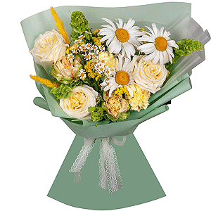 Gerbera white - 7, Chamomile - 1, White rose 50 cm Ecuador - 3, Rose Veggie 50 cm - 2, Yellow carnation - 6, Baltica White Spray Chrysanthemum - 1, Yellow Statice, Dried flowers in assortment, Wrapping Paper, Moluccella
