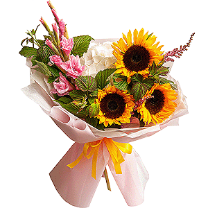 Sunflower - 7,  White Hydrangea - 1, Pink Gladiolus - 3, Astilbe,  Raspberry branch, Wrapping Paper