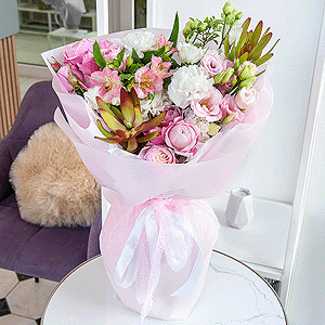 Spray peony rose Misty Bubbles, 50 cm - 2, lisianthus - 1, Alstromeria white, soft pink - 1, Pink carnation - 9, Pink Lisianthus (Eustoma) - 2, Leukodendron, Pistachio, Wrapping Paper