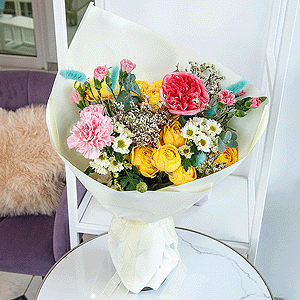Pink spray carnation - 4, Pink carnation - 5, Rose Pink 50 cm Ecuador (Chelo, Hermosa, Novia, Titanik, Engagement, Pink Mondiale) - 1, Spray rose: yellow, orange 50 cm - 3, Santini White Spray Chrysanthemum - 2, Ozotamnus, Limonium (1 pc.), Dried flowers in assortment, Wrapping Paper