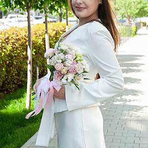 lisianthus - 3, Pink Lisianthus (Eustoma) - 3, Alstromeria white, soft pink - 7, Pink Matthiola - 2, Pink spray carnation - 5, Ribbon