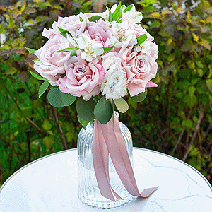 Rose Pink 50 cm Ecuador (Chelo, Hermosa, Novia, Titanik, Engagement, Pink Mondiale) - 9, Alstromeria white, soft pink - 7, lisianthus - 2, White spray carnation - 6, Eucalyptus populus (1 pc.), Ribbon