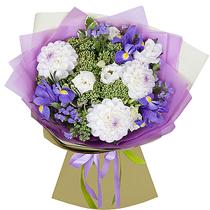 White Dahlia - 5, lisianthus - 2, Irises - 5, Sedum, Pittosporum, Pistachio, Wrapping Paper, Blue Statice