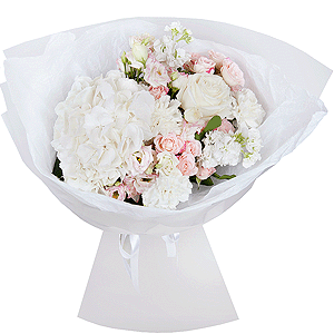  White Hydrangea - 1, Carnation white, cream - 3, Pink Lisianthus (Eustoma) - 3, White rose 50 cm - 3, White Matthiola - 3, Spray rose: white, cream, light pink 50 cm - 2, Wrapping Paper