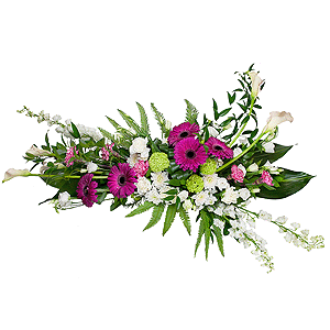 White Delphinium - 6, Calla lilies - 10, Pink carnation - 8, Gerbera pink - 11, Baltica White Spray Chrysanthemum - 5, lisianthus - 6, Carnation white, cream - 7, Pot for compositions, Oasis, Viburnum, Aspidistra (1 pc.), Ruscus italian, Ruscus, Ambrella