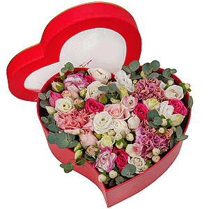 Pink carnation - 5, Bright pink spray rose mix, 50 cm - 5, lisianthus - 4, Heart‑shaped box for arrangements, Oasis, Hypericum, Eucalyptus parvifolia (1 pc.)