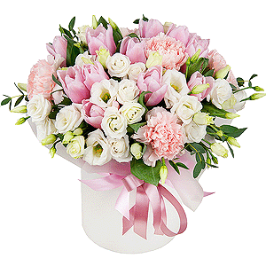 Pink carnation - 9, lisianthus - 5, Pink tulip - 19, Round flower box small , Oasis, Wrapping Paper, Eucalyptus parvifolia (1 pc.)