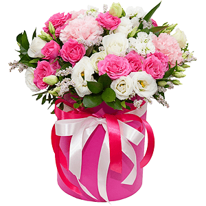 Bright pink spray rose mix, 50 cm - 8, Pink carnation - 5, lisianthus - 5, White Matthiola - 4, Round flower box small , Oasis, Film, Pistachio, Ruscus, Limonium (1 pc.), Ribbon