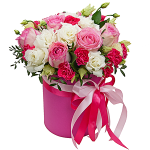 Pink rose 50 cm - 11, lisianthus - 5, Pink spray carnation - 5, Round flower box small , Oasis, Film, Pistachio, Ruscus, Ribbon