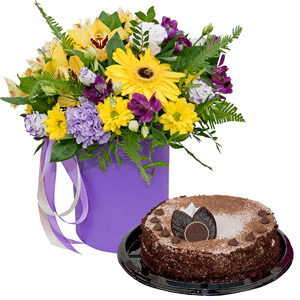 Gerbera yellow - 3, Lilac carnation - 3, Orchid bud yellow/brown Cymbidium - 3, Alstromeria Yellow, Orange - 2, Purple Lisianthus (Eustoma) - 7, Bacardi Yellow Spray Chrysanthemum - 3, Alstromeria lilac, purple - 2, Round flower box small , Film, Oasis, Pistachio, Ruscus, Ambrella, Flask for orchids, Ribbon, Cake in assortment