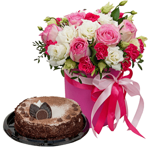 Pink rose 50 cm - 11, lisianthus - 5, Pink spray carnation - 5, Round flower box small , Oasis, Film, Pistachio, Ruscus, Ribbon, Cake in assortment