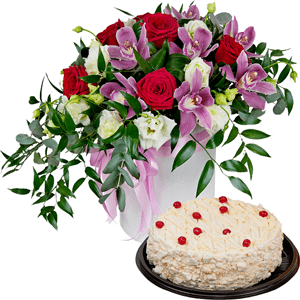 Red rose 50 cm - 11, Pink Cymbidium Orchid Bud - 11, lisianthus - 7, Round flower box medium, Film, Oasis, Eucalyptus Cinerea, Flask for orchids, Aspidistra (1 pc.), Cake in assortment, Ruscus italian, Ribbon