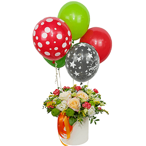 Rose Cream 50 cm - 5, Athos pom Feeling Green - 3, lisianthus - 4, Pink spray carnation - 4, Round flower box small , Oasis, Film, Solidago (1 pc.), Pistachio, Ribbon, Helium Balloon (1 pc.)
