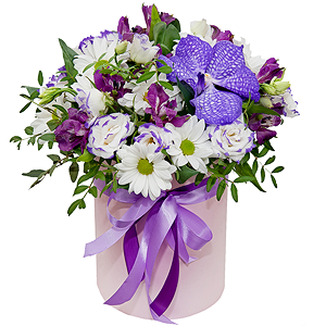 Vanda Orchid bud - 2, Bacardi White Spray Chrysanthemum - 5, Purple Lisianthus (Eustoma) - 4, Alstromeria lilac, purple - 3, Round flower box small , Oasis, Film, Flask for orchids, Aspidistra (1 pc.), Pistachio, Ribbon