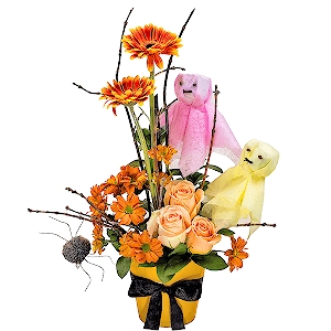 Bacardi Yellow Spray Chrysanthemum - 3, Rose Cream 50 cm - 5, Gerbera yellow - 3, Ruscus, Plastic planter, Oasis, Wire spider, Felt, Ribbon